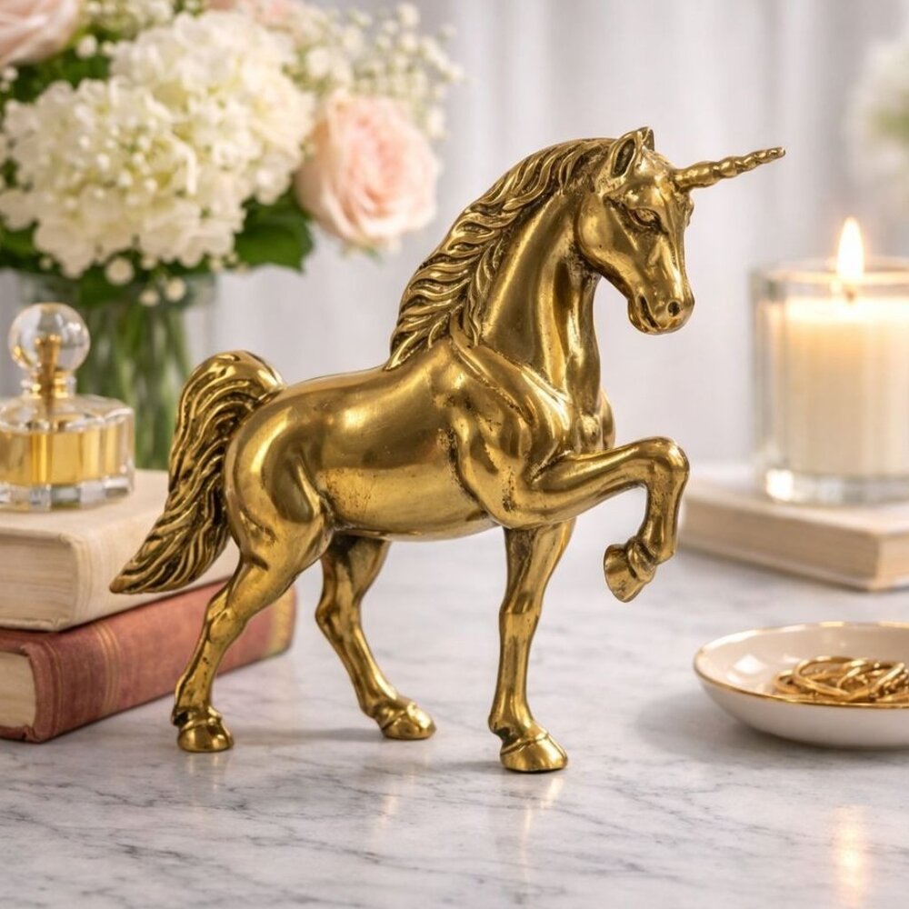 Vintage Solid Brass Unicorn Figurine 8” Tall Mythical Collectible Decor